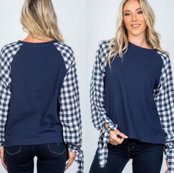 Checker Bow Wrist Tied Blouse Top - Picture 3 of 3